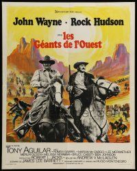 9j998 UNDEFEATED French 18x23 '69 John Wayne & Rock Hudson, wonderful Grinsson landscape art!