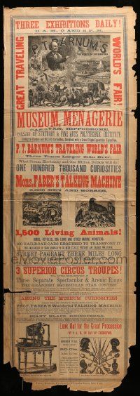 9k031 P.T. BARNUM'S TRAVELING WORLD'S FAIR 14x42 circus poster 1873 talking machine, 1,500 animals!