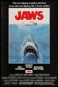 9k893 JAWS 24x36 commercial poster '90s Spielberg's man-eating shark attacking sexy swimmer!