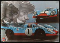 9k445 GULF PORSCHE 917 2-sided 24x34 Swiss advertising poster '70s Jo Siffert & schematic of racer!