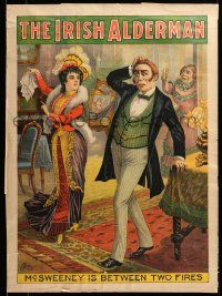 9k046 IRISH ALDERMAN 21x29 stage poster 1896 art of dishonest politician between wife & mistress!