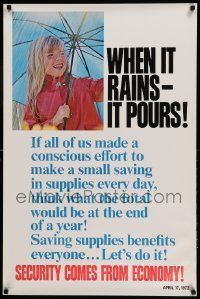 9k222 WHEN IT RAINS IT POURS 24x37 motivational poster '72 girl in the rain with an umbrella!