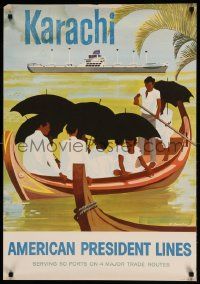 9k177 AMERICAN PRESIDENT LINES KARACHI 24x35 travel poster '57 artwork of ship by Al Merenchen!