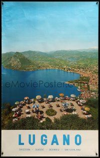 9k169 LUGANO 26x40 Swiss travel poster '50s beautiful image of a patio overlooking the lake!