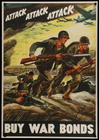 9k076 ATTACK ATTACK ATTACK 28x40 WWII war poster '42 cool Warren art of soldiers advancing!