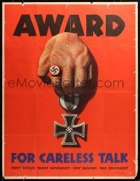 9k078 AWARD FOR CARELESS TALK 29x37 WWII war poster '44 Dohanos art, it results in Nazi medals!