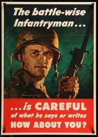 9k082 BATTLE-WISE INFANTRYMAN IS CAREFUL 20x28 WWII war poster '44 Schlaiker art of soldier w/gun!