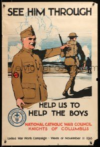 9k129 SEE HIM THROUGH 20x30 WWI war poster 1918 National Catholic War Council, art by Burton Rice!