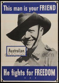 9k102 THIS MAN IS YOUR FRIEND 29x40 WWII war poster '42 Australian soldier fights for your freedom!