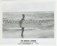 9m263 ENDLESS SUMMER 8.25x10 still '67 Mike Hynson holding surfboard by the ocean, Bruce Brown!