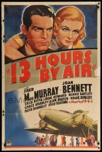 9p009 13 HOURS BY AIR style A 1sh '36 Fred MacMurray, Joan Bennett, Zasu Pitts, cool airplane art!