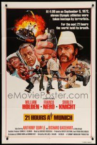 9p012 21 HOURS AT MUNICH int'l 1sh '76 cool art of William Holden, Franco Nero with grenade!
