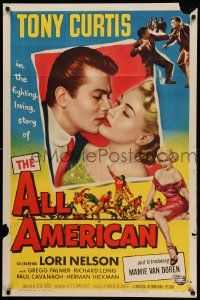 9p036 ALL AMERICAN 1sh '53 Tony Curtis kissing sexy Mamie Van Doren in her first, football!