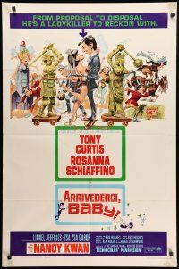 9p063 ARRIVEDERCI, BABY 1sh '66 Tony Curtis is a ladykiller, great wacky Jack Davis art!
