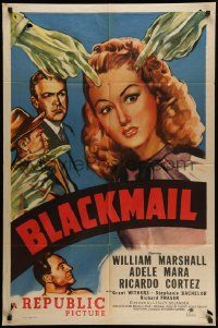 9p109 BLACKMAIL 1sh '47 cool film noir art of green hands pointing at Adele Mara!