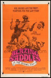 9p110 BLAZING SADDLES int'l 1sh '74 Mel Brooks western, different cast montage on orange background