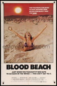 9p113 BLOOD BEACH 1sh '81 Jaws parody tagline, image of sexy girl in bikini sinking in sand!
