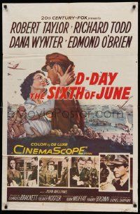 9p218 D-DAY THE SIXTH OF JUNE 1sh '56 art of Robert Taylor & sexy Dana Wynter in WWII!