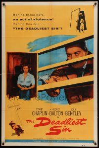 9p221 DEADLIEST SIN 1sh '56 Sydney Chaplin behind bars points gun at pretty Audrey Dalton!