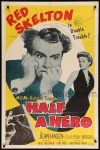 9p409 HALF A HERO 1sh '53 great image of Red Skelton in double trouble with Jean Hagen!