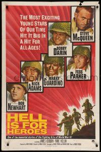 9p422 HELL IS FOR HEROES 1sh '62 Steve McQueen, Bob Newhart, Fess Parker, Bobby Darin, WWII!