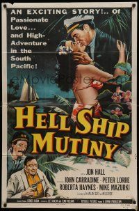 9p423 HELL SHIP MUTINY 1sh '57 Jon Hall kisses tropical bikini babe, John Carradine, Peter Lorre