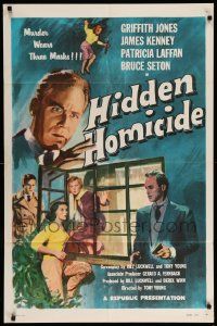 9p427 HIDDEN HOMICIDE 1sh '58 this English murderer wears three masks, Anthony Young directed!