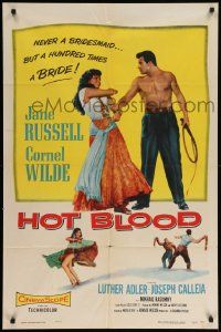 9p437 HOT BLOOD 1sh '56 barechested Cornel Wilde grabbing Jane Russell, Nicholas Ray!