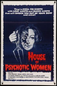 9p442 HOUSE OF PSYCHOTIC WOMEN signed 1sh '75 by Sam Sherman, shock you out of your seat!
