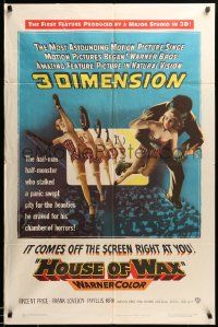 9p443 HOUSE OF WAX 3D 1sh '53 art of monster & sexy girls kicking off the movie screen!