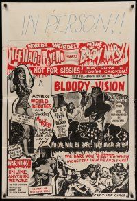 9p466 INCREDIBLY STRANGE CREATURES 2 piece 1sh '63 Teenage Psycho Meets Bloody Mary!