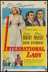 9p474 INTERNATIONAL LADY 1sh '41 George Brent, Basil Rathbone, sexy Ilona Massey is dangerous!