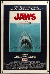 9p488 JAWS 1sh '75 Kastel art of Spielberg's classic man-eating shark attacking sexy swimmer!