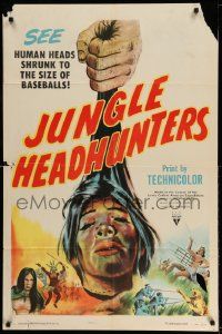 9p498 JUNGLE HEADHUNTERS style A 1sh '51 wild shrunken head artwork, voodoo documentary!