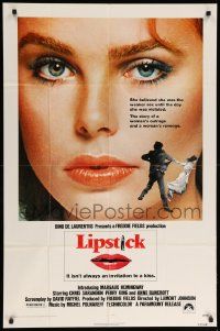 9p527 LIPSTICK 1sh '76 super close up of sexy Margaux Hemingway, the story of a woman's revenge!