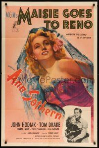 9p554 MAISIE GOES TO RENO 1sh '44 sexiest art of Ann Sothern + image of her hugging John Hodiak!