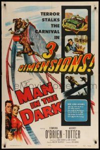 9p560 MAN IN THE DARK 3D 1sh '53 really cool art of men fighting on rollercoaster!