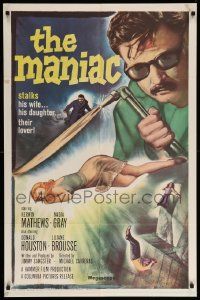 9p562 MANIAC 1sh '63 Kerwin Mathews, Hammer, he stalks his wife, his daughter, their lover!