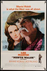9p581 MONTE WALSH 1sh '70 cowboy Lee Marvin & pretty Jeanne Moreau, cool orange credit design!