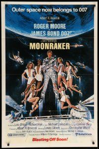 9p582 MOONRAKER int'l advance 1sh '79 art of Roger Moore as Bond in space by Goozee!