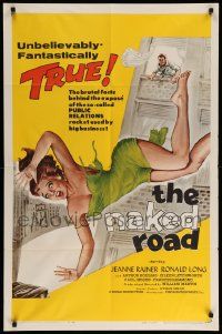 9p602 NAKED ROAD 1sh '59 wacky artwork of sexy girl w/torn dress pushed out of skyscraper window!