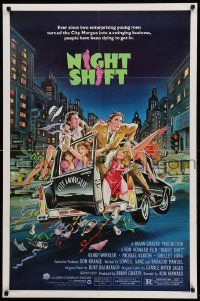 9p610 NIGHT SHIFT 1sh '82 Michael Keaton, Henry Winkler, sexy girls in hearse art by Mike Hobson!