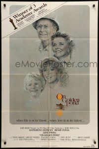 9p630 ON GOLDEN POND awards 1sh '81 art of Hepburn, Henry Fonda, and Jane Fonda by C.D. de Mar