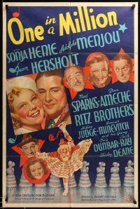 9p001 ONE IN A MILLION style B 1sh '36 Fox stone litho of ice skater Sonja Henie in her 1st movie!