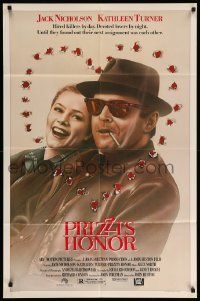9p670 PRIZZI'S HONOR 1sh '85 Bryan art of smoking Jack Nicholson & Kathleen Turner w/bullet holes!