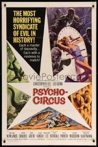 9p676 PSYCHO-CIRCUS 1sh '67 most horrifying syndicate of evil, cool art of sexy girl terrorized!