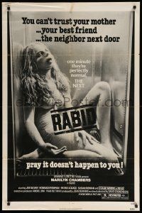 9p679 RABID 1sh '77 Marilyn Chambers, image of dead girl in refrigerator, Cronenberg directed!