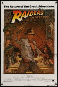 9p683 RAIDERS OF THE LOST ARK 1sh R82 great art of adventurer Harrison Ford by Richard Amsel!