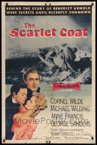 9p739 SCARLET COAT 1sh '55 romantic art of Cornel Wilde & Anne Francis, John Sturges directed!