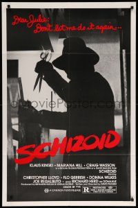 9p741 SCHIZOID 1sh '80 cool silhouette of crazed madman Klaus Kinski attacking with scissors!